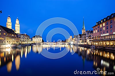 scenic view of historic Zurich city center with famous Fraumunster and Grossmunster Churches and river Limmat at Lake Zurich, Editorial Stock Photo