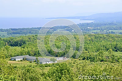 Scenic view from Irish Mountain Lookout over Georgian Bay and Blue Mountains on the horizon Stock Photo