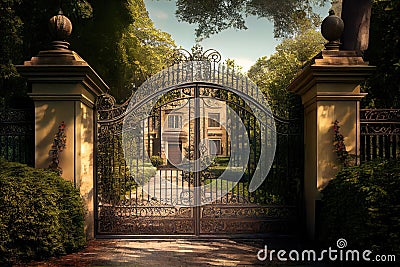 scenic view of iron mansion gates nestled in the woods, surrounded by greenery Stock Photo