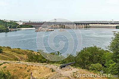 Khortytsia island, Dnieper River and hydroelectric power plant. Zaporizhia, Ukraine Stock Photo