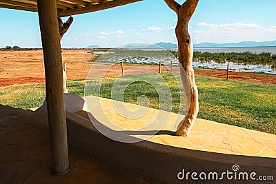 Scenic view of Lake Jipe seen from a hotel cabin in Tsavo West National Park in Kenya Stock Photo