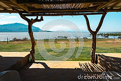 Scenic view of Lake Jipe seen from a hotel cabin in Tsavo West National Park in Kenya Stock Photo