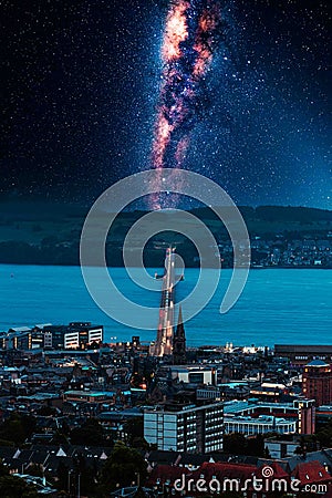 Scenic view of the Milky Way galaxy over the city of Dundee, Scotland, UK Stock Photo