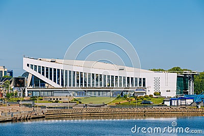Scenic view of Minsk Sports Palace is an indoor sports arena, located in Pobediteley Avenue, district Nemiga. Belarus Editorial Stock Photo