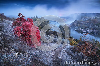 Scenic view of the misty rocky canyon at sunrise Stock Photo