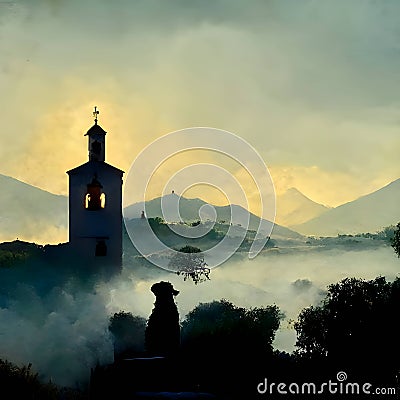 View of the misty valley and the church tower Vector Illustration