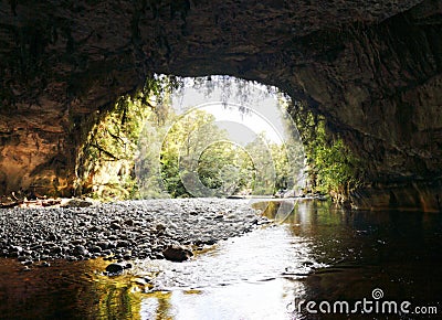 Scenic view of Moria Gate arch in New Zealand, South Island Stock Photo