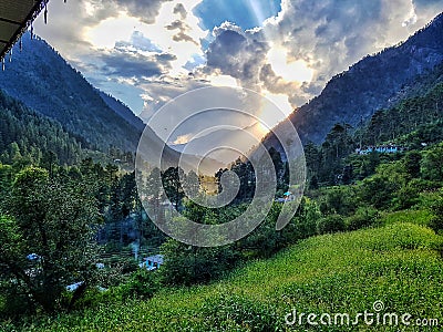 A scenic view of the Mountains of Kasol Stock Photo