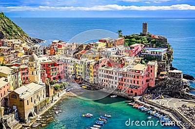 Scenic view of ocean and harbor in colorful village Vernazza, Ci Stock Photo