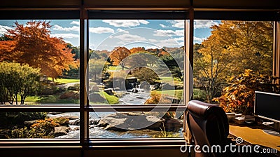 Scenic view out of a window, featuring a lush autumn parkland in the background, AI-generated. Stock Photo