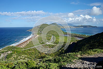 Scenic View from Overlook of the Isthmus of Saint Kitts Landscape and Seascape Stock Photo