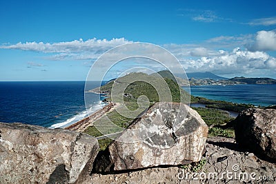 Scenic View from Overlook of the Isthmus of Saint Kitts Landscape and Seascape Stock Photo