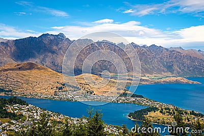 Scenic view of Queenstown and Remarkables mountain range, NZ Stock Photo