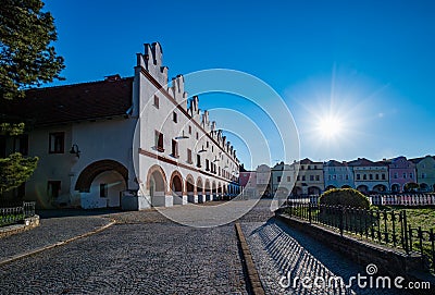 Scenic view of renaissance buildings on Husovo square, Nove Mesto nad Metuji, Czech Republic Stock Photo