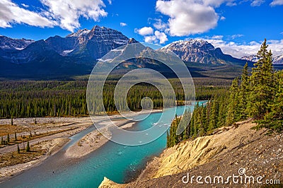 Scenic view of a river along Icefields Parkway in Banff National Park, Canada Stock Photo
