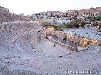 Details of famous historical Roman Theater, ancient structure at sunset in Jerash, Jordan. Editorial Stock Photo