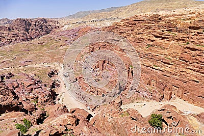 Scenic View The Sacred Valley and Ancient Nabataean Tombs in The Lost City of Petra, Jordan from The High Place of Sacrifice Stock Photo