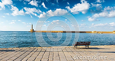 Distant view of the coastline in Chania, Crete, Greece Stock Photo