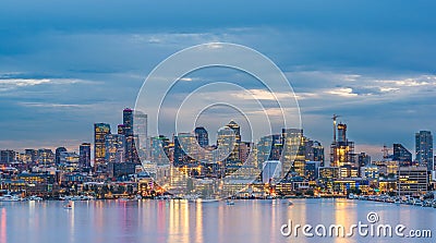 Scenic view of Seattle cityscape in the night time with reflection of the water,Seattle,Washington,USA.. Stock Photo