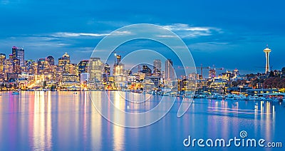 Scenic view of Seattle cityscape in the night time with reflection of the water,Seattle,Washington,USA.. Stock Photo