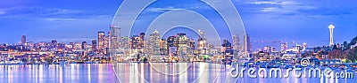 Scenic view of Seattle cityscape in the night time with reflection of the water,Seattle,Washington,USA.. Stock Photo