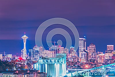 Scenic view Seattle cityscape in the night time,Washington,USA Editorial Stock Photo