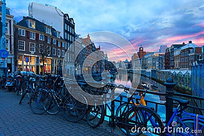 Scenic view of the Singel canal during sunset, Amsterdam, Netherlands Editorial Stock Photo