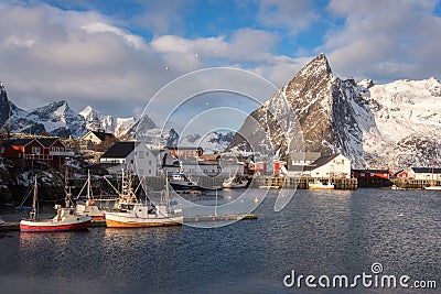 Beautiful winter daytime landscape, view of the small norwegian fishing village Hamnoy, Lofoten Islands, Norway Editorial Stock Photo