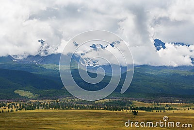 Scenic view of the snow-covered North-Chuya range in the Altai mountains in the summer, Siberia, Russia Stock Photo