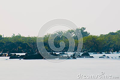 scenic view of sooth silky sea water with boulders and green mangroves Stock Photo