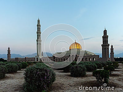 Scenic view of Sultan Qaboos Grand Mosque at sunset Editorial Stock Photo