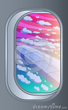 Scenic view of sunset, clouds and on the wing from aircraft window. Flying and traveling concept. Vector Illustration