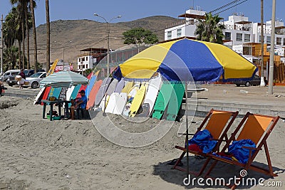 Scenic view of surfboards in Cerro Azul beach of Lima. Editorial Stock Photo