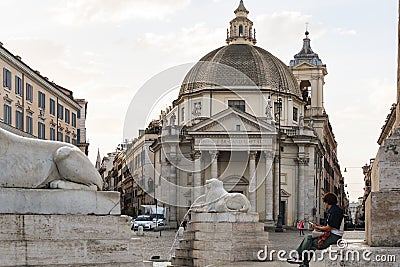 Scenic view of the twin churches churches of Santa Maria Montesanto and Santa Maria Miracoli in Piazza del Popolo, iconic square Editorial Stock Photo