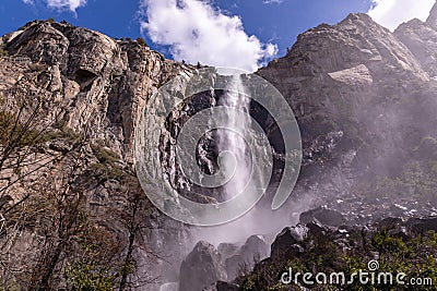 Scenic view at Upper Yosemite Falls from down below Stock Photo