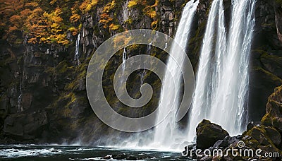 Scenic view of Waterfall in a autumm forest surrounded by rocks and trees Stock Photo