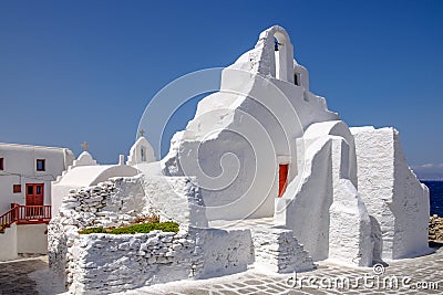 Scenic view of whitewashed church Panagia Paraportiani, Mykonos, Greece Stock Photo