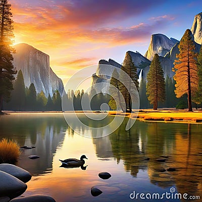 Scenic view of yosemite national park during sunrise in landscape comic Digital illustration Cartoon Illustration