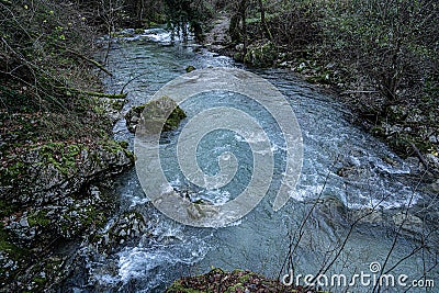 Scenic views of rapids of Aniene river near town of Subiaco, Italy Stock Photo