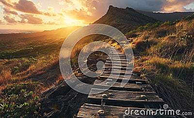 Scenic Walk: Wooden Path Up the Large Mountain, Generative AI Stock Photo