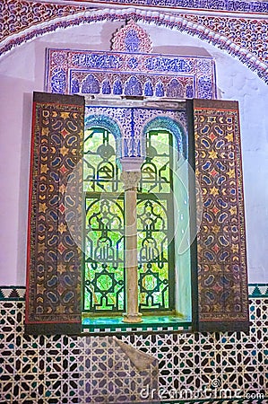 The scenic window in King Pedro Palace in Alcazar complex, Seville, Spain Editorial Stock Photo