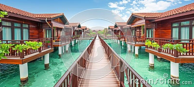 Scenic wooden walkway leading to overwater bungalows above turquoise ocean at tropical resort Stock Photo