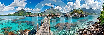 Scenic wooden walkway over turquoise ocean to overwater bungalows at tropical resort Stock Photo