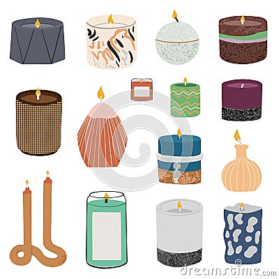 Scented candles color set. Cartoon Illustration