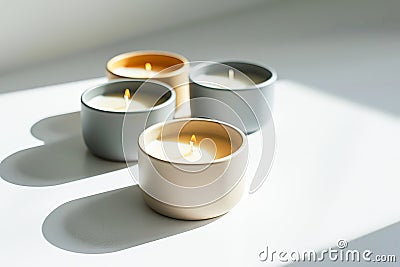 Scented Candles Illuminated by Sunlight on a Clean Surface Stock Photo