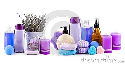 Scented candles, soaps, shampoos and other cosmetics with lavender extract isolated on white. Collage. Wide photo Stock Photo