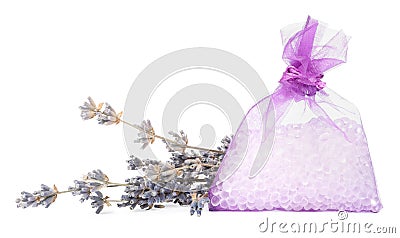 Scented sachet with aroma beads and dried lavender on white background Stock Photo