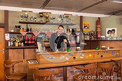 Schaerbeek, Brussels Capital Region, Belgium - The cafe with a bar and wooden decoration in the studio of the Flemish Broadcasting Editorial Stock Photo