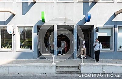 Schaerbeek, Brussels Capital Region, Belgium - Entrance and facade of the Flemish Broadcasting Company Editorial Stock Photo