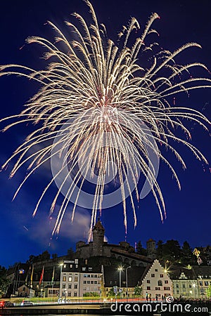 Schaffhausen, an old Swiss city with firework in a summer evening Stock Photo
